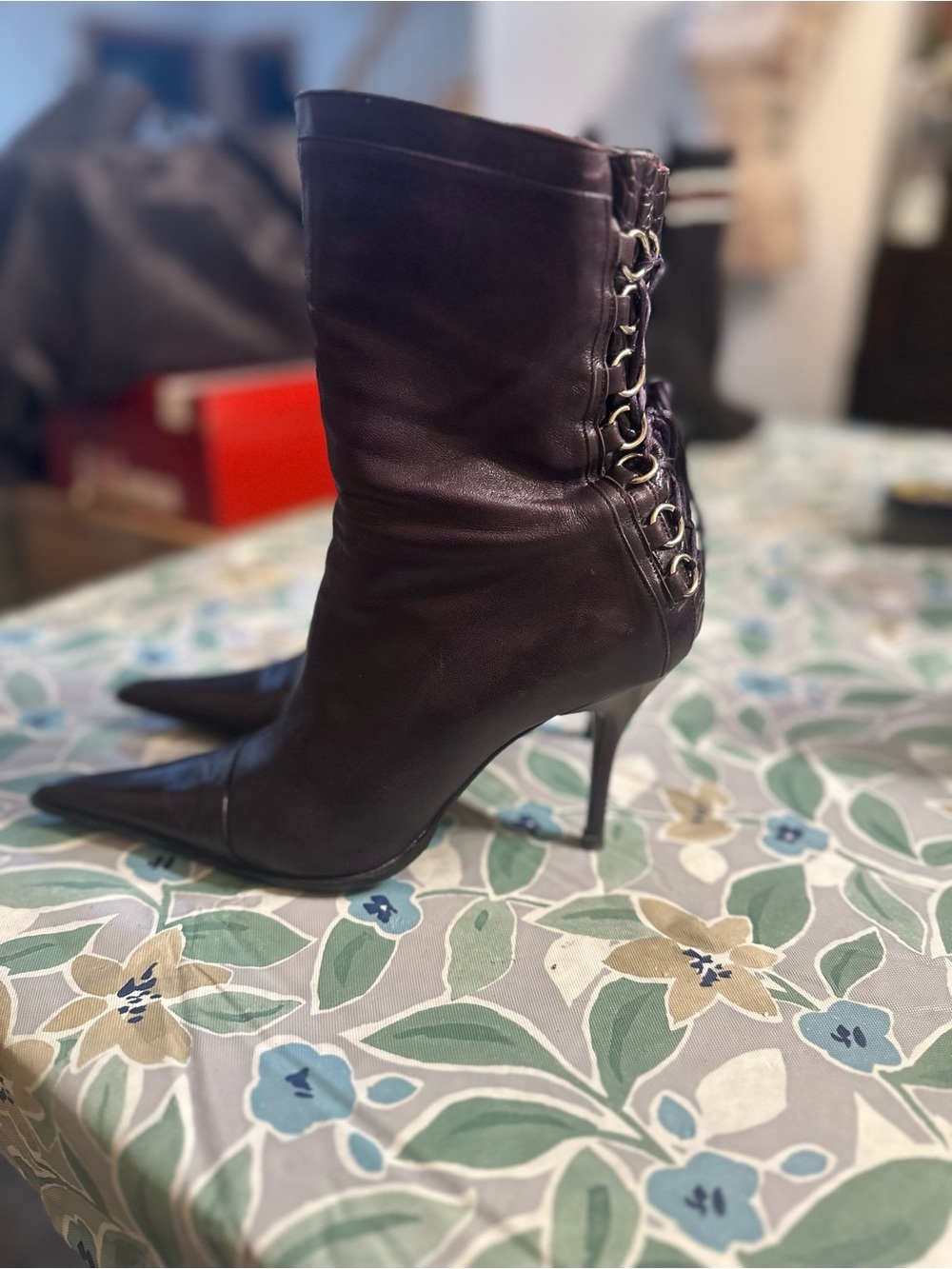Pointed Toe Stiletto Ankle Boots in Plum - Picture 2 of 10